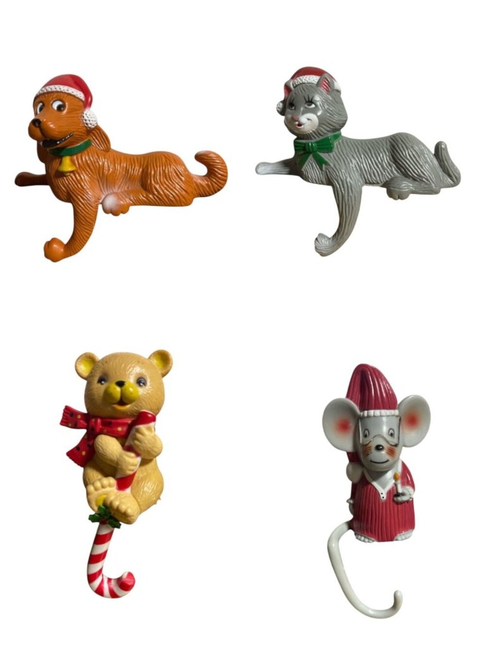Set Of 4 Christmas Figurines Shelf Sitters Stocking Holders Animals Plastic VTG